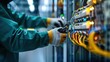 ©  Green Creator - Close-up of an electrician working on electrical wiring in a server room.