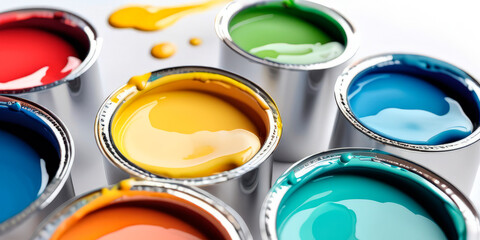 open cans of paints of different colors on a white background