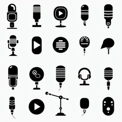 Wall Mural - Set of 20 Microphone Icons in Black and White