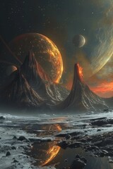 Wall Mural - Stunning Alien Landscape with Volcanic Peaks and Planets in the Sky - Sci-Fi Fantasy Art