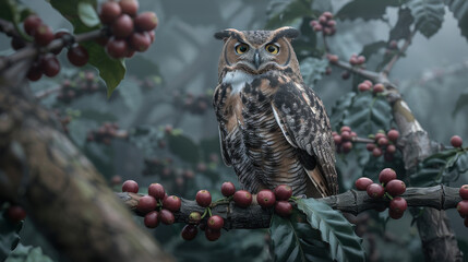 Wall Mural - A large owl is perched on a branch with berries