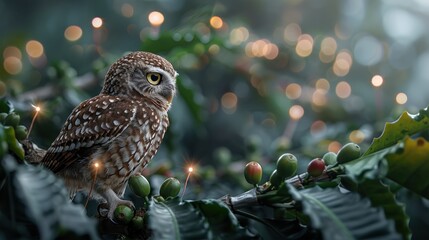 Wall Mural - A small owl is perched on a branch with green leaves and berries