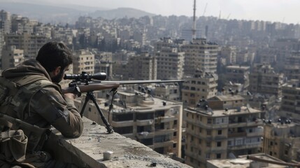 Urban Sniper Overlooking Cityscape – Conflict and Vigilance