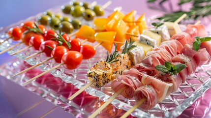 Wall Mural - Gradient pink to purple backdrop displaying an elegant glass tray with assorted antipasti skewers with olives, cheese, and meats