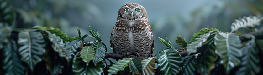 Wall Mural - A small owl is perched on a branch in a lush green forest