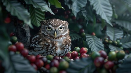 Sticker - A small owl is sitting on a pile of berries