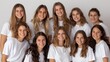 © ZinaZaval - Eight young girls are standing in a row against a plain gray background, all wearing white t-shirts and smiling