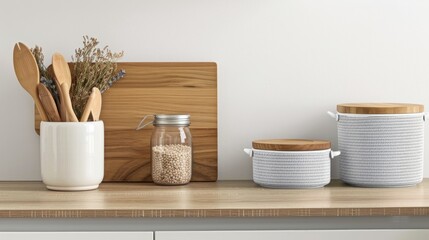 In a modern kitchen, two wicker baskets on a wooden countertop hold fresh broccoli and wooden plates. White cabinets and a gray countertop complete the look.