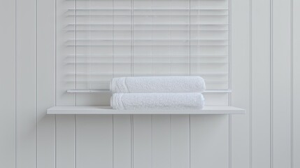 Two white towels are stacked on a white countertop in a bathroom. A white towel rack and window blinds are in the background.