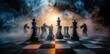 © Gelpi - Dramatic chess pieces set in a mysterious smoky atmosphere symbolizing strategy and intellect - Generative ai