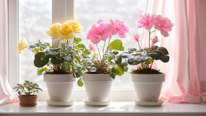 Three potted plants with pink and yellow flowers sit on a windowsill in front of a white sheer curtain.

