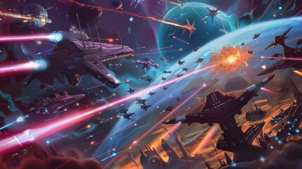 Wall Mural - Epic Space Battle: Sci-Fi War in the Cosmos Showcasing Futuristic Warfare