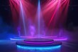© GodNemesis Art Fanta - High-tech and futuristic: Neon laser beams scanning across the stage, holographic projections surrounding the product. podium product stage.