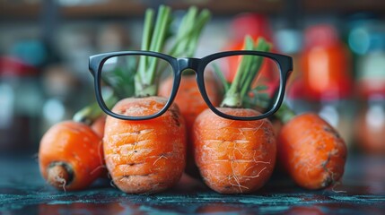 Wall Mural - Dioptric glasses and how we have carrots. Fun photos for healthy eyesight. Glasses and carrots