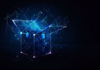 Abstract futuristic open box with glowing low poly lines on dark blac background,