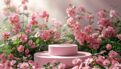 two round pink podium on background with beautiful flower, for advertising cosmetic products