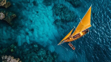 Poster - aerial view, Sailing boat with yellow sails on the sea 