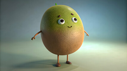 A delightful 3D illustration of a kiwi character with a gentle smile and big, expressive eyes, set against a soft blue background.