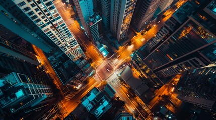 Poster - Moody, filmic style, 35mm, fpv drone shot of horizon, golden urban city night streets timelapse 