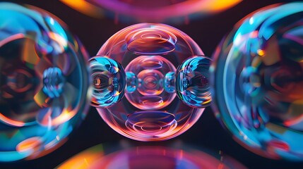 Abstract 3D render, 8 circle puck-like elements, radial symmetry, fluid simulation aesthetics, Cinema 4D style shader, depth and motion illusion, black background, ultra-high detail, 8K resolution. 1