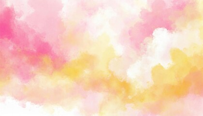 Wall Mural - Artistic pink, yellow and white watercolor background with abstract cloudy sky concept. Grunge abstract paint splash artwork illustration. Beautiful abstract misty fog cloudscape wallpaper.