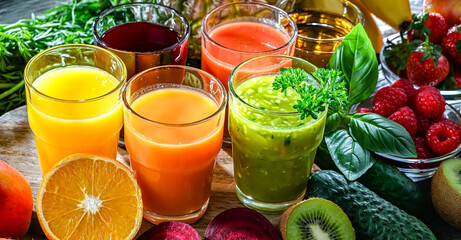 Glasses with fresh organic vegetable and fruit juices