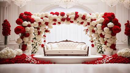 The image shows a wedding ceremony setup with a white couch under a large archway of red and white flowers.

