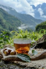 Wall Mural - a cup of tea with ginger on the background of the mountains. Selective focus