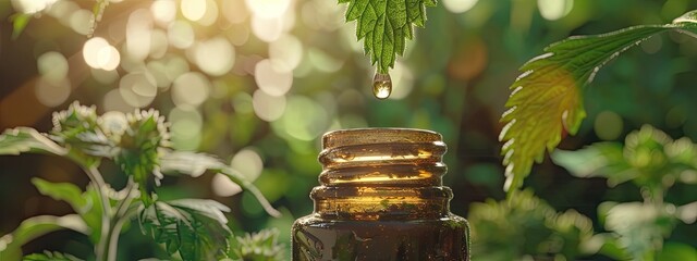 Wall Mural - a drop of nettle essential oil. Selective focus