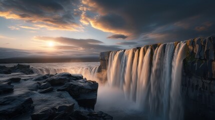 Wall Mural - A waterfall with a beautiful sunset in the background