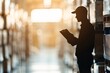 © Achirawee - Silhouette of a manager with a clipboard, overseeing warehouse inventory amidst cargo stacks, featuring ample text space.