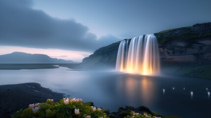 Wall Mural - A waterfall is flowing into a lake with a beautiful view of the sky