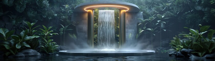 Wall Mural - A waterfall is surrounded by lush green trees and a stone structure