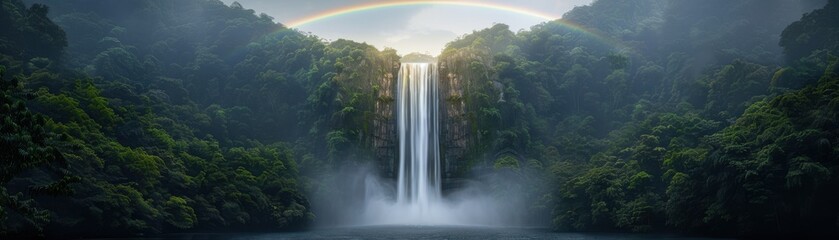 Wall Mural - A waterfall is shown in a lush green forest