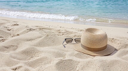 A straw hat and sunglasses lie on a white sandy beach, with the blue ocean and foamy waves in the background