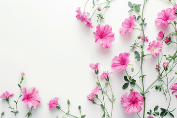 Wall Mural - Beautiful pink wild flowers on a white background, in a flat lay, top view, copy space concept.