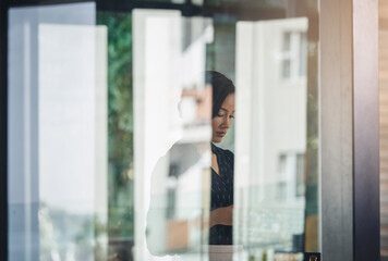 Aufkleber - Glass, career or business woman in office with phone or online connection for text message, news or chat. Consultant, lawyer or advisor typing on mobile app for reading case schedule, email or advice