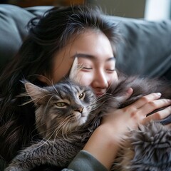 a young Korean  lady hugging her grey cat closeup  with a smile her on face