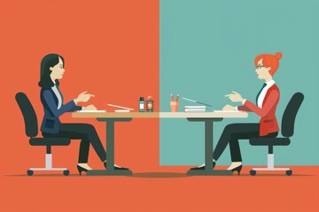 Poster - illustration depicting employees of all genders engaged in an equal pay discussion, highlighting negotiation and workplace equality.