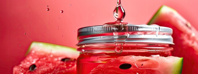 Sticker - a drop of watermelon essential oil. Selective focus