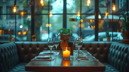 Wall Mural - a slightly wide shot of a clean modern dinner booth in the color of black and chrome with Pierrot