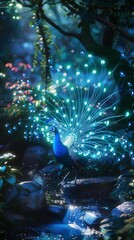 Wall Mural - an luminescent peacock that shines all over its body and feathers, each a different luminescent hue, wide angle, shining particles, beautiful plants, studio lighting, film, movie scene, extreme detail