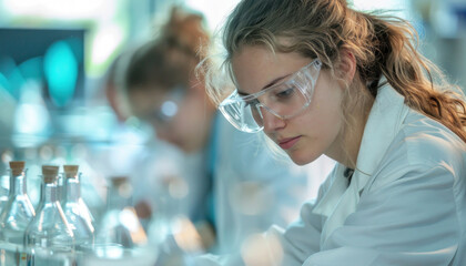 Wall Mural - A woman wearing a lab coat and goggles is conducting experiments in a laboratory