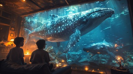 Two Children Watching a Whale in a Giant Aquarium