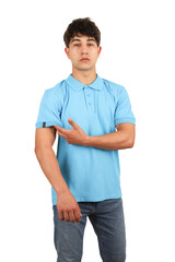 Wall Mural - Youth man wearing blank collared t-shirt on white background, closeup. Light blue or baby blue color polo tshirt. Mockup for design tee, polo t-shirt mockup, isolated background.