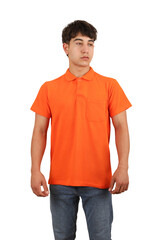 Wall Mural - Youth man wearing blank collared t-shirt on white background, closeup. Orange color polo tshirt. Mockup for design tee, polo t-shirt mockup, isolated background.