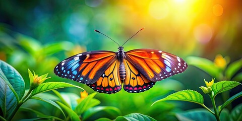 Poster - Close up of a colorful butterfly perched on a lush green background, butterfly, insect, colorful, wings, nature, green