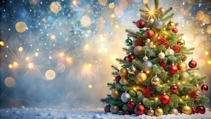 Canvas Print - Christmas background with a beautifully decorated Christmas tree surrounded by festive ornaments and twinkling lights