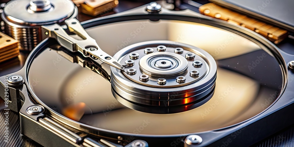 Close up image of a disk drive showing the intricate components inside ...