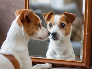 Jack Russell Terrier Looking at Its Reflection in a Mirror